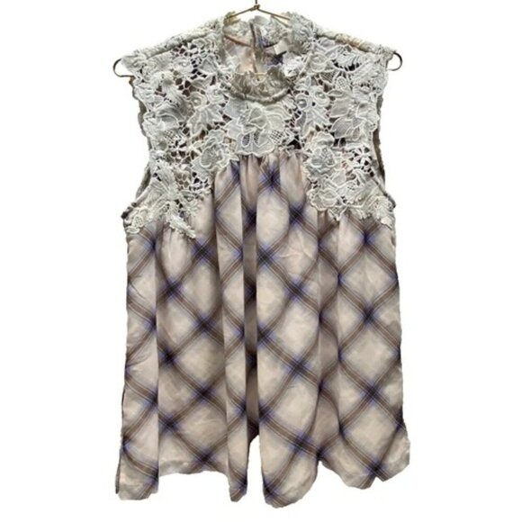 LOFT Career Tank Top Women's Medium Sleeveless Blouse Plaid Lace Detail EUC - Picture 1 of 10